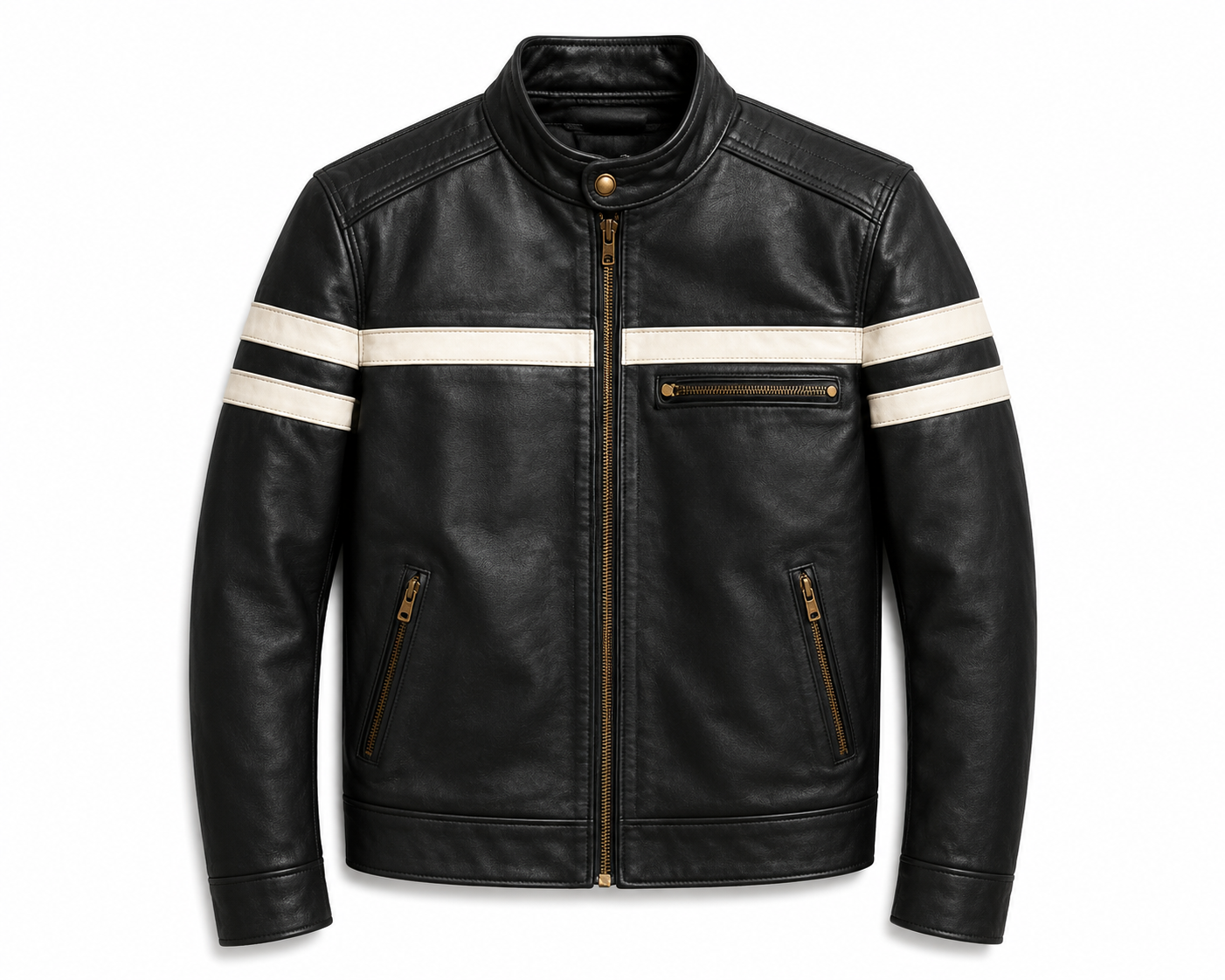 BLACK WITH WHITE STRIPE LEATHER CAFE RACER JACKET