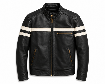 BLACK WITH WHITE STRIPE LEATHER CAFE RACER JACKET