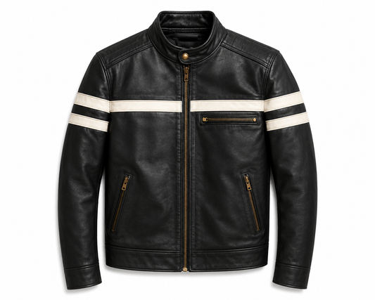 BLACK WITH WHITE STRIPE LEATHER CAFE RACER JACKET