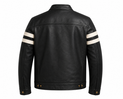 BLACK WITH WHITE STRIPE LEATHER CAFE RACER JACKET