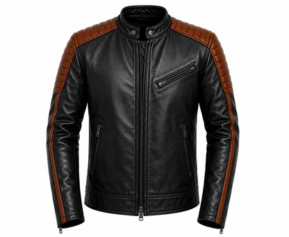 BLACK WITH BROWN STRIPE LEATHER CAFE RACER JACKET