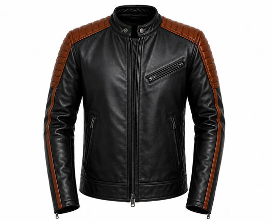 BLACK WITH BROWN STRIPE LEATHER CAFE RACER JACKET