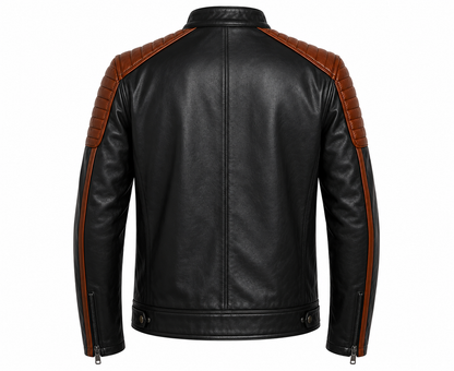 BLACK WITH BROWN STRIPE LEATHER CAFE RACER JACKET