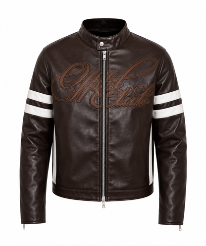 BROWN WITH WHITE STRIPE LEATHER CAFE RACER JACKET