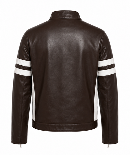 BROWN WITH WHITE STRIPE LEATHER CAFE RACER JACKET